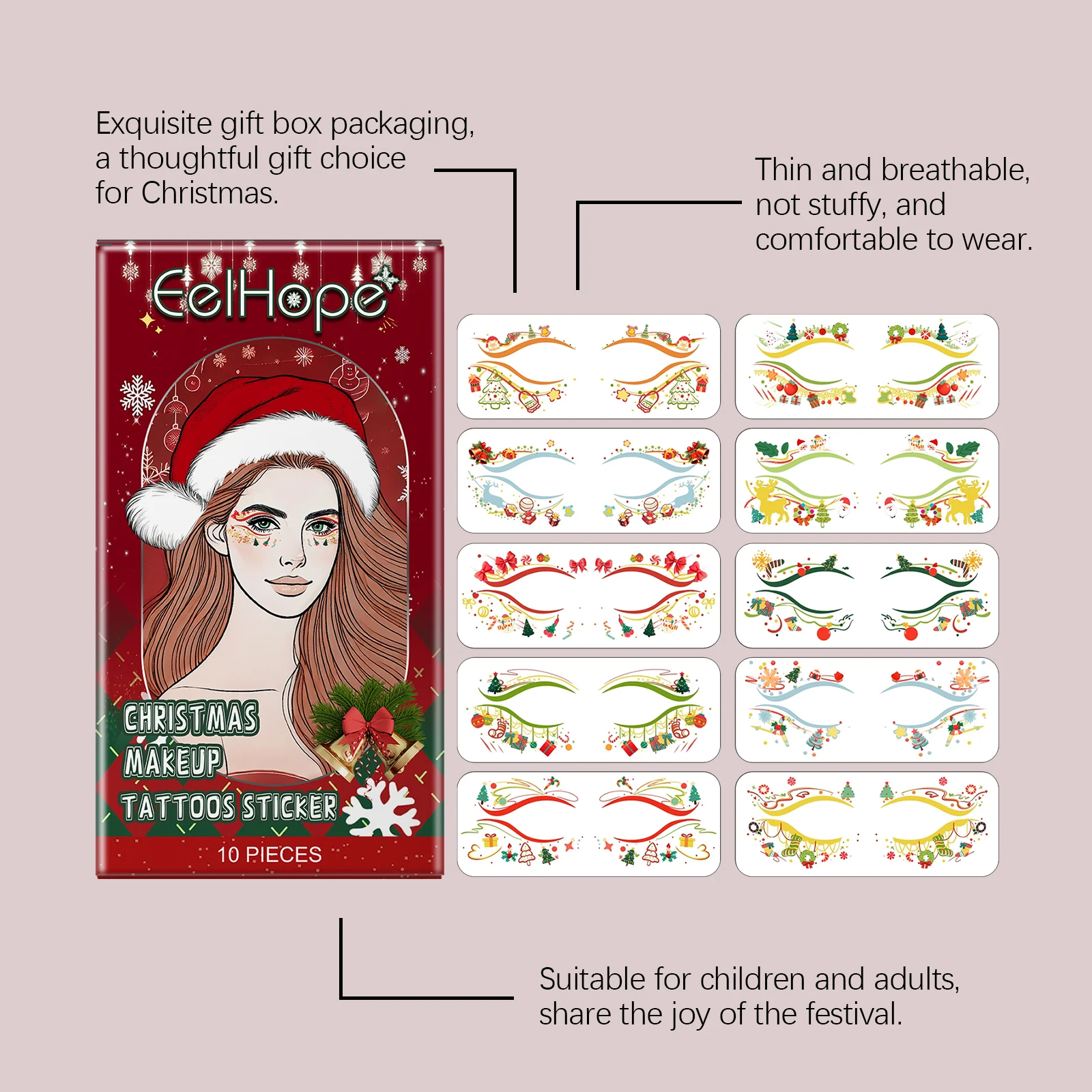 Christmas Face Stickers - Festive Sparkly Temporary Tattoos, Fun Effortless Holiday Makeup for Festive Christmas Look
