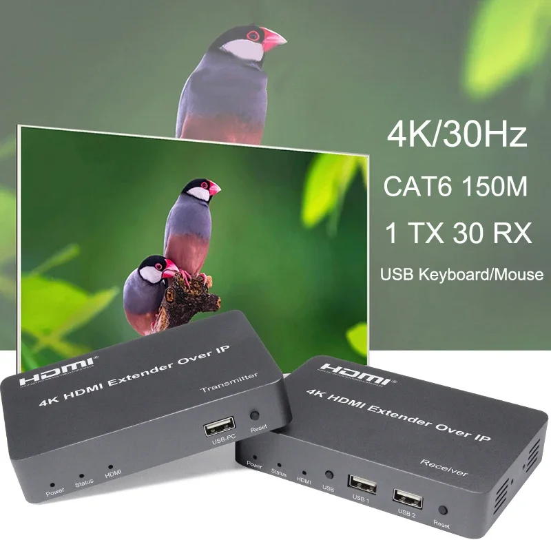 

4K HDMI KVM Extender Over IP 150m Cat5e Cat6 Rj45 Ethernet Cable Video Transmitter and Receiver Support USB Keyboard Mouse