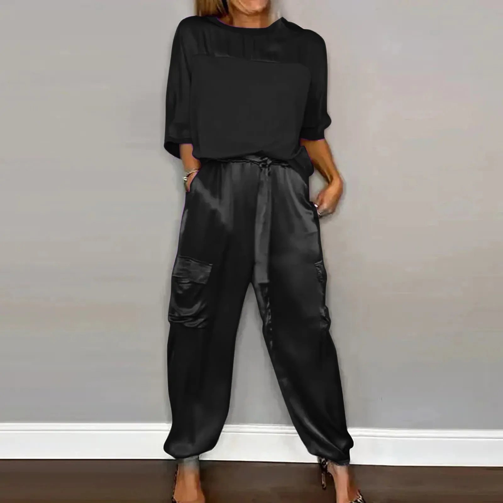 Women's Smooth Satin Short-sleeved Top and Pants Two-piece Set Spring O-neck Lace Up Outfits Summer Sleek Elegance Leisure Suit