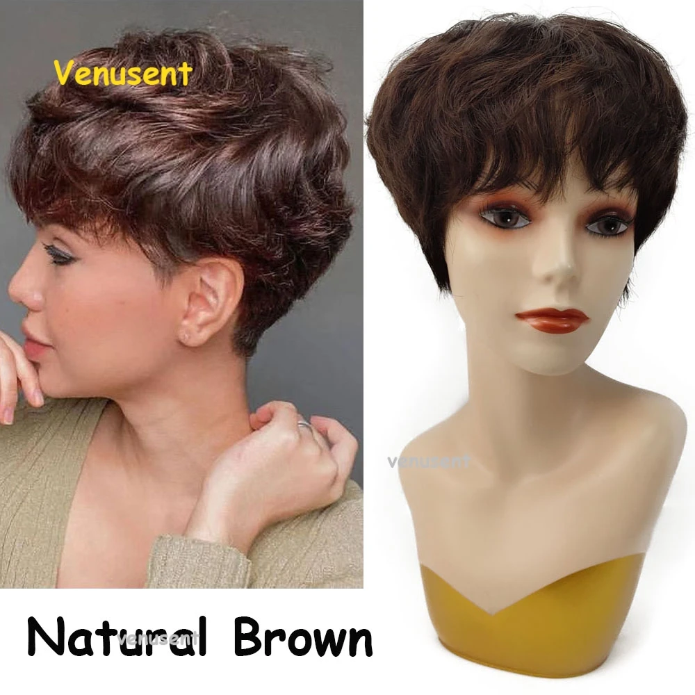 

Short Pixie Cut Wig Virgin European Human Hair Bob Wigs Glueless Full Lace Scalp Top Wig with Bangs For Women More Breathable