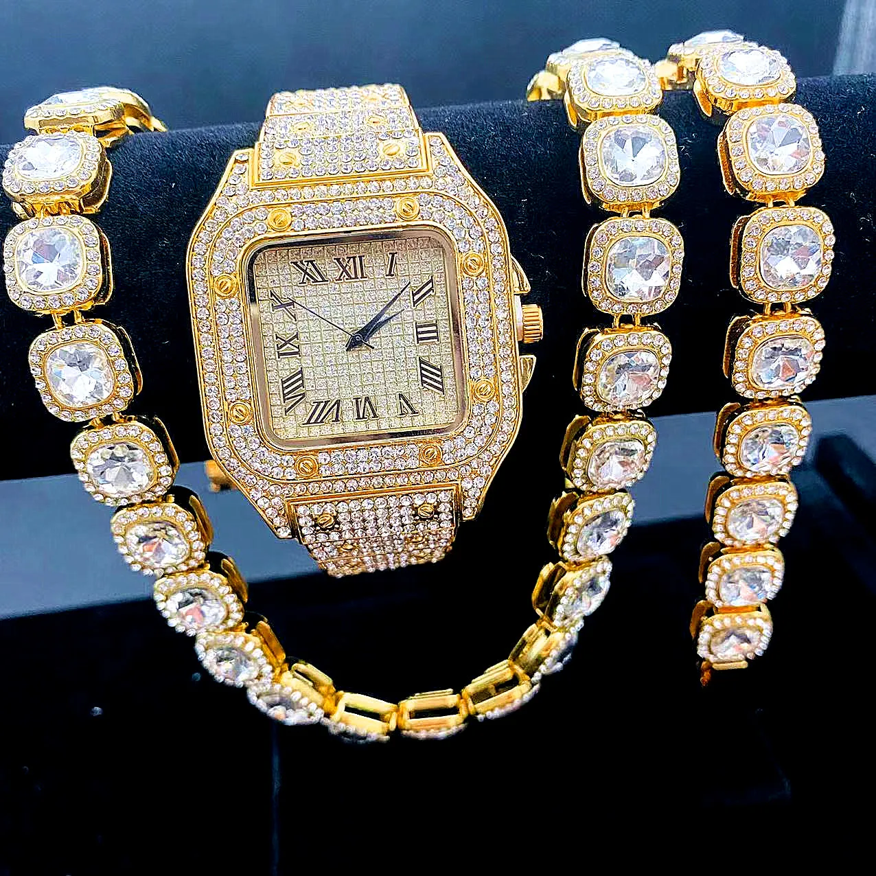 3PCS Hip Hop Iced Out Watch Bracelet Men's ChainTennis Full Miami Curb Cuban Chains Bling Rapper Necklaces for Men Jewelry Gift