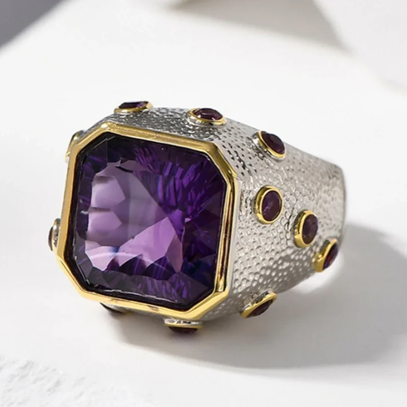 S925 Sterling Silver Rings For Women Men New Fashion Square Cutting Surface Natural Amethyst Ancient Jewelry Free Shipping