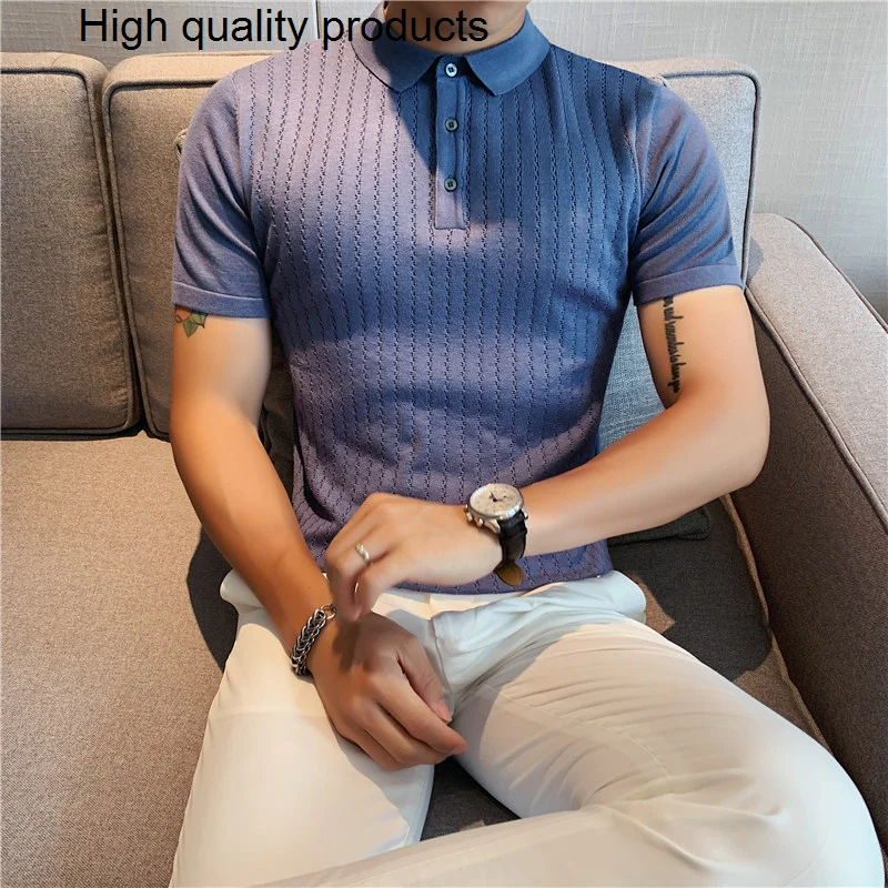 

2023 High Quality Summer Ice Silk Short Sleeve Knitted Polo Shirt Men Clothing Turn Down Collar Slim Fit Casual Tee Homme