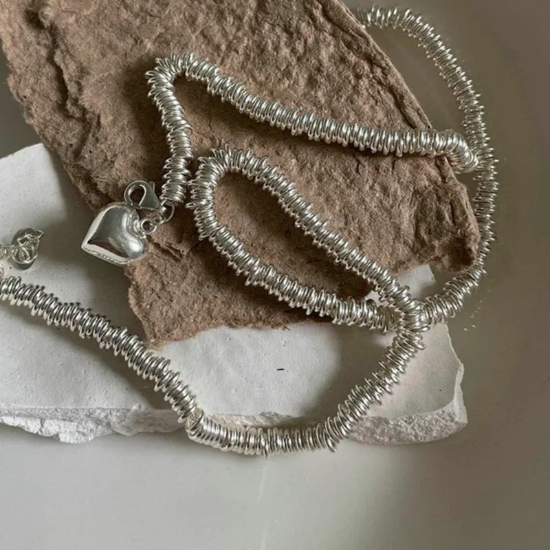 Silver Color Love Heart Pendant Thick Chain Necklace for Women Sexy Trendy Clavicle Choker Jewelry Gifts