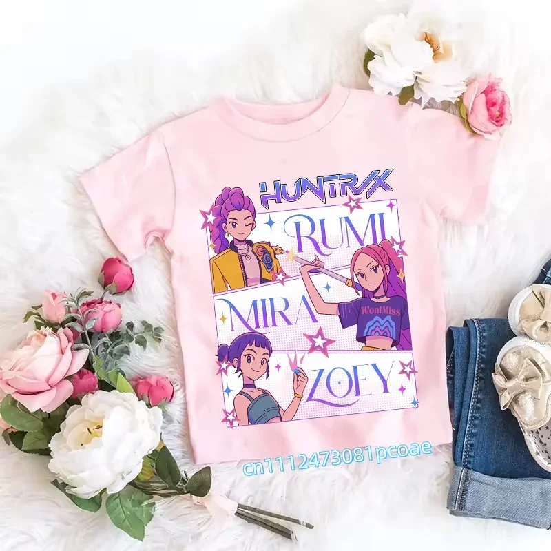 Children's Anime-Inspired Demon Hunters T-Shirt - K-pop Cartoon Pattern, Casual Girls' Top, Gift Option