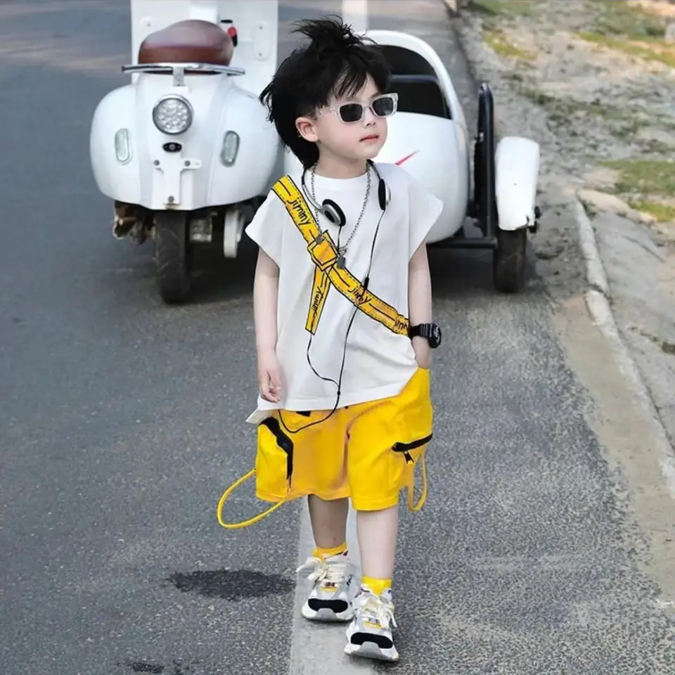 Conjunto coreano para niños 2025, conjunto deportivo de verano para niños,  ropa de exterior para niños, camiseta sin mangas de algodón puro,  pantalones cortos, conjunto de dos piezas - AliExpress, image size:960x960