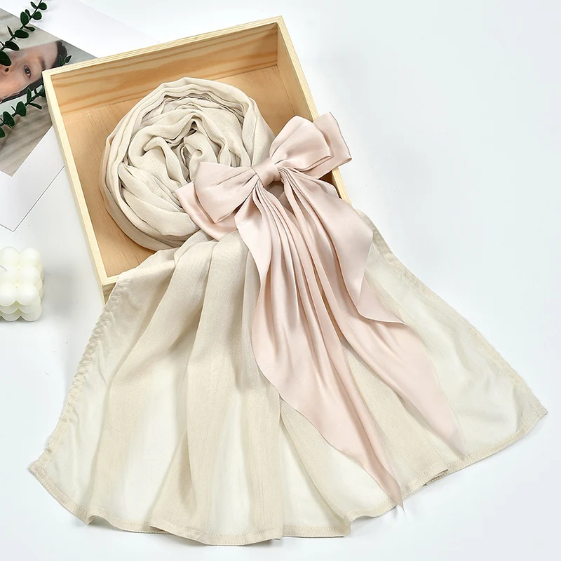 Modal Hijab With Bow Rayon Cotton Shawls Muslim Hijabs For Women Plain Scarf Big Size Headscarf Islamic Turban Headband 190*85cm Muslim headwear,head scarf,hijab headscarf,hijab hats