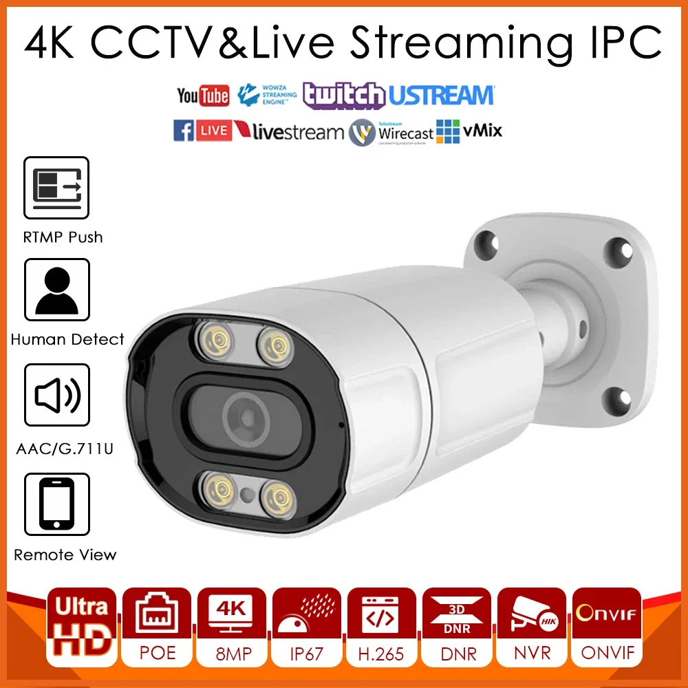 4K 8MP IMX415 POE IP Camera Full Colors Night Vision Live Streaming Push Video To YouTube Facebook Vimeo Etc Onvif Built-in MIC