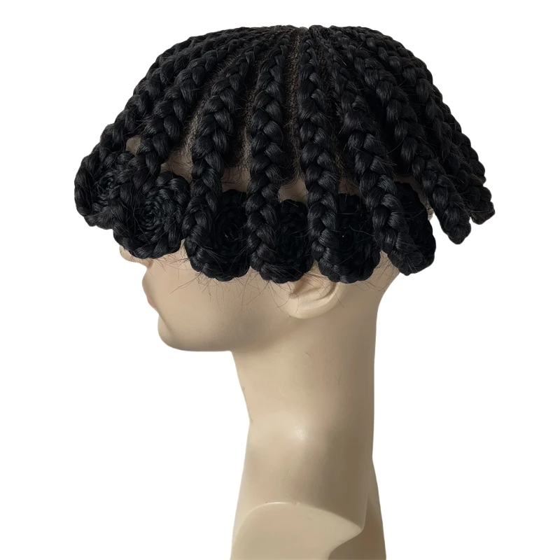 Mongolian Virgin Human Hair Hairpiece #1 Jet Black Cornrow Braids 8x10 VER Toupee Mono with Front Lace Unit for Black Men.