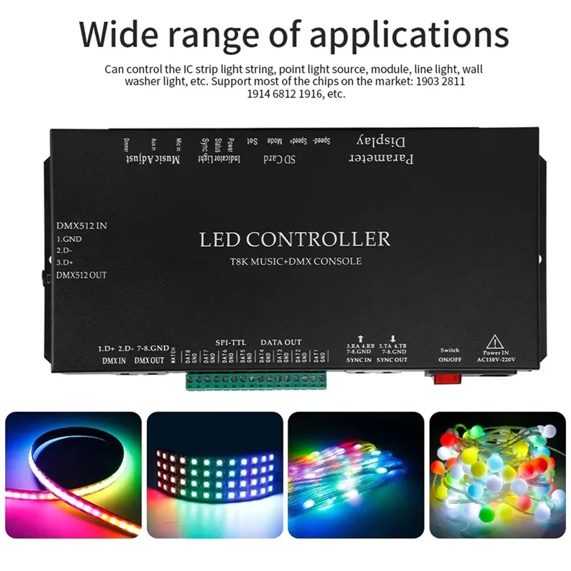 클래식-WS2811 WS2815 RGBIC SPI-TTL Led 스트립 조명 모듈 컨트롤러 T8K 음악 + DMX 콘솔 마이크 입력이있는 8 채널 포트