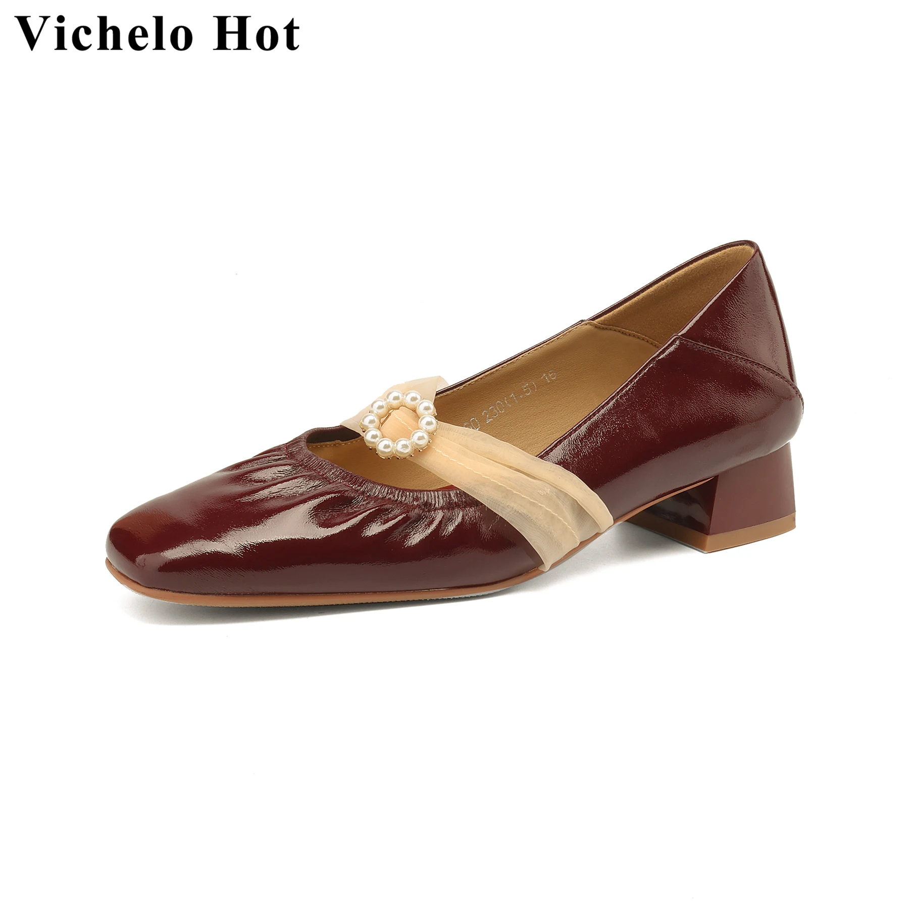 

Vichelo Hot Cow Split Leather Square Toe Shallow Pleated Med Heels Spring Autumn Shoes Slip On Beading Elegant Basic Women Pumps