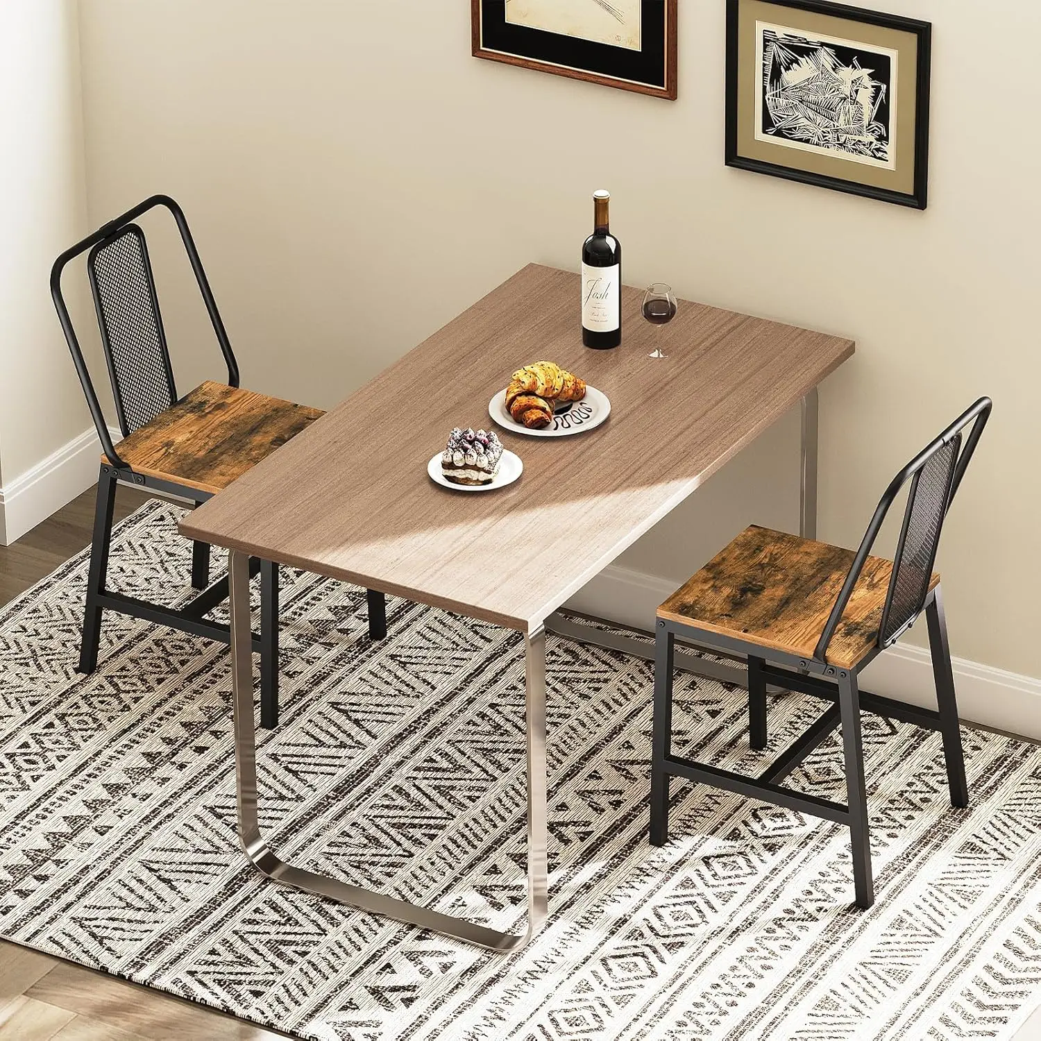 Dining Chairs Set of 2. Wooden. Kitchen. Back Support. Rustic Brown & Black. CY01L2BR.