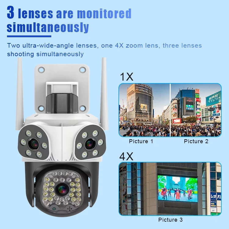 15MP 6K HD WiFi IP Camera Outdoor 4X Zoom Three Lens Three