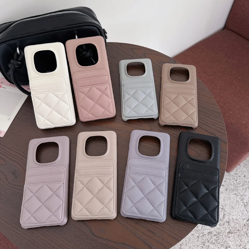 Lingge Leather Card Slot Wallet Phone Case - Solid Color Design