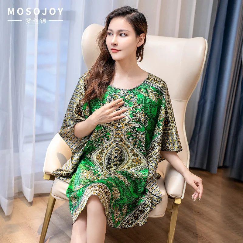 Lake Blue Chinese Women Silk Rayon Robe Dress Sexy Summer Printed Floral Nightwear Kimono Bath Gown Flowers One Size