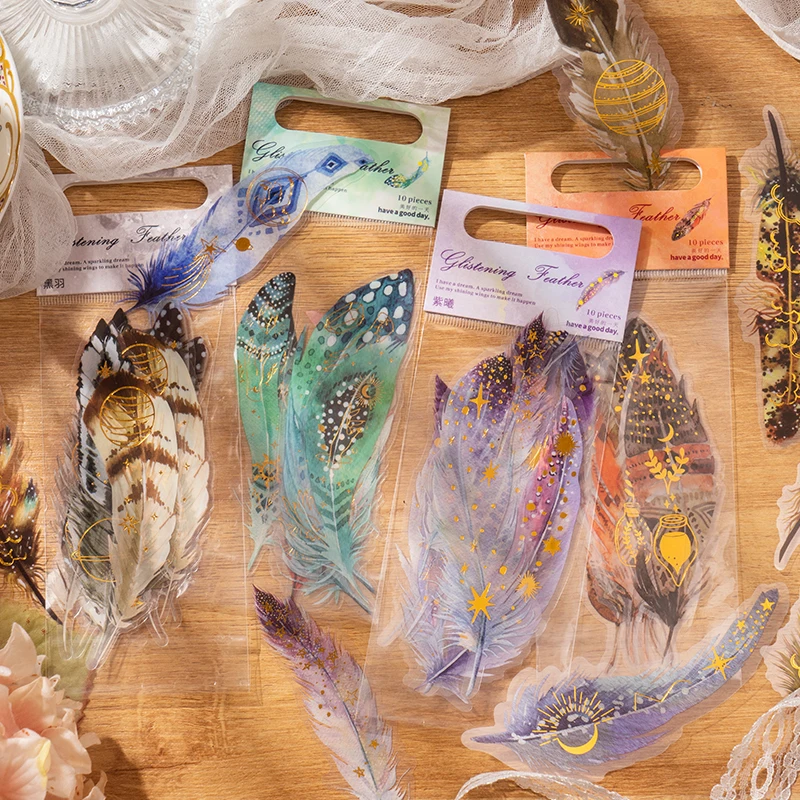 Decorative Stickers 10 pcs/lot Beautiful feather Stickers aesthetic PET Stick Labels Decorative Scrapbooking Diary Album junk journal supplies