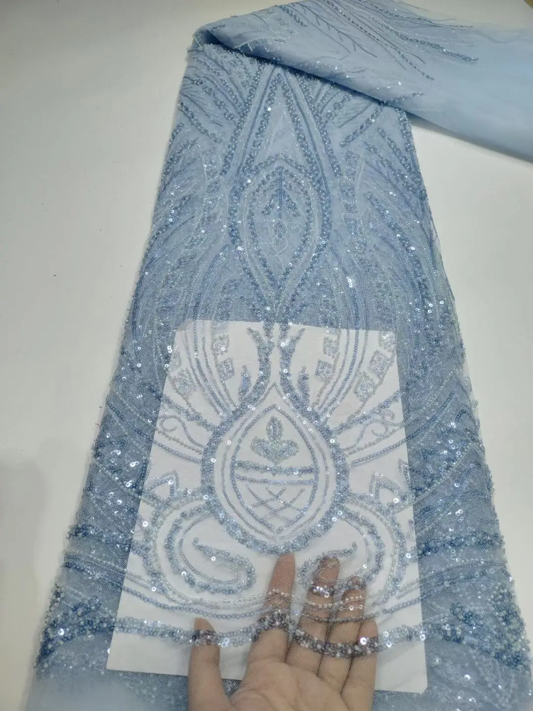 

African High Quality beads Lace Fabric L-1302558 French Net Sequins Fabric Sewing Embroidered Lace in Tulle Nigeria Fabric