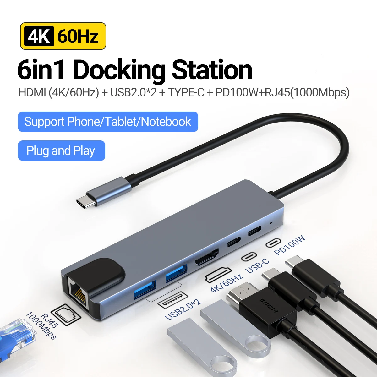 5 in 1 Type-C 4K HDMI USB C HUB PD100W Charging For Apple iPad Macbook Air  Pro