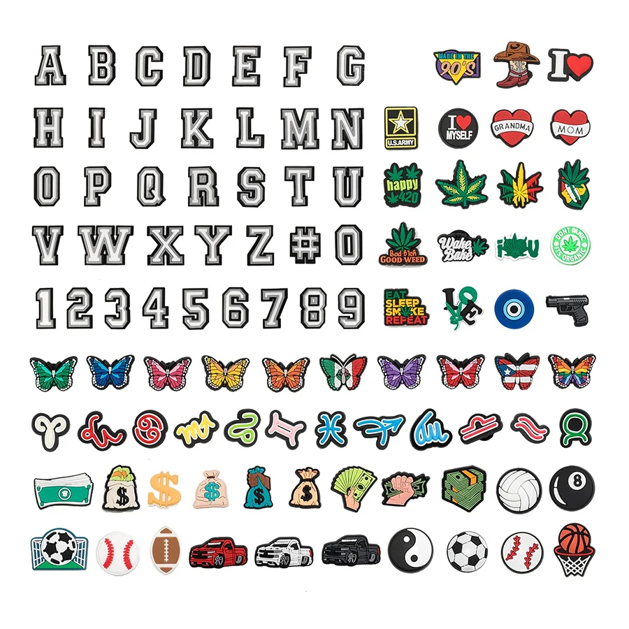 

Wholesale 100 PCS Soft PVC Rubber Shoe Charms for Teen Boys Girls Letters and Numbers Sports Money Zodiac Croc Pins