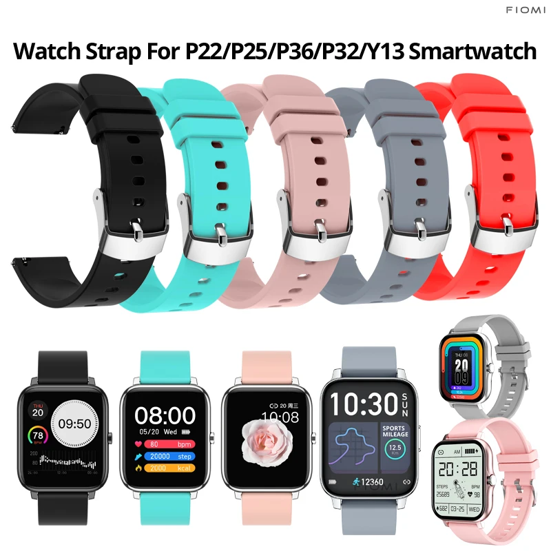 

Replacement Silicone Strap for P22/P25/P36/P32/Y13/GT20 Smart Watch, Soft silicone, Black, Pink, White, Accessories 20mm, Active