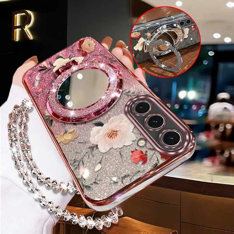 Elegant Floral Phone Accessory Set with Lanyard and Stand