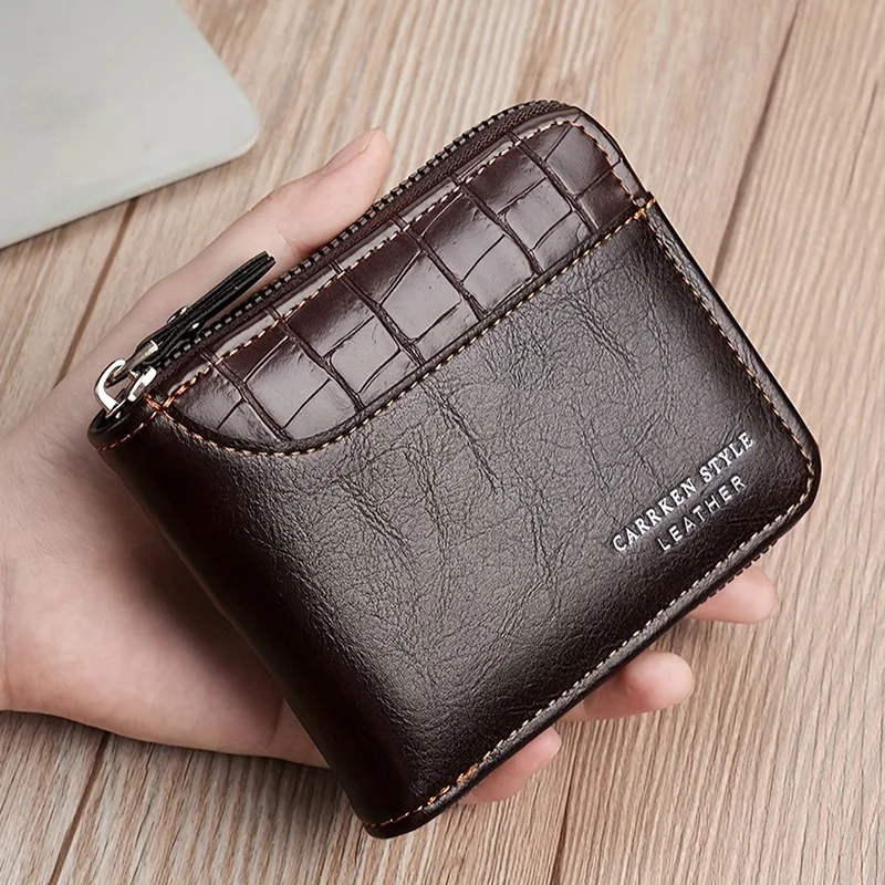

New Short Men Zipper Wallet Luxury Coin Pocket Retro Male Patchwork Purse Quality ID Card Holder Stone Pattern Wallet for Men