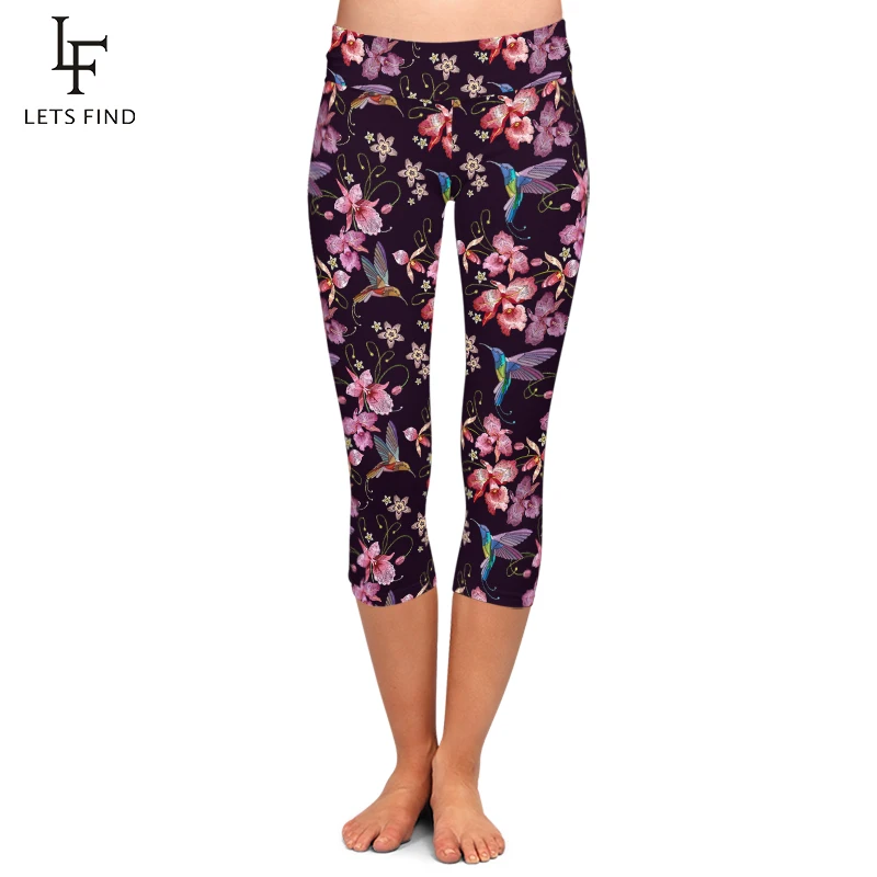 LETSFIND High Quaility 220gsm Milk Silk Birds and Orchid Print Capri Leggings High Waist Soft Stretch Leggings