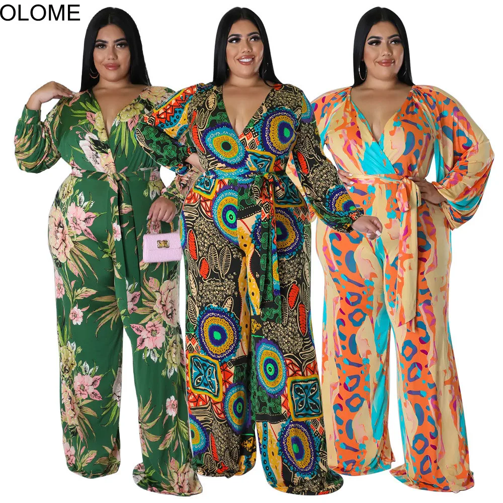 

2022 New Arrivals Printing Pattern Sexy Jumpsuit Oversize Woman Noble Long Sleeves V Neck Fashion Party Outfit