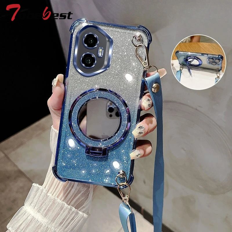 Glitter Plating Mirror Shockproof Crossbody Lanyard Phone Case with Magsafe Holder