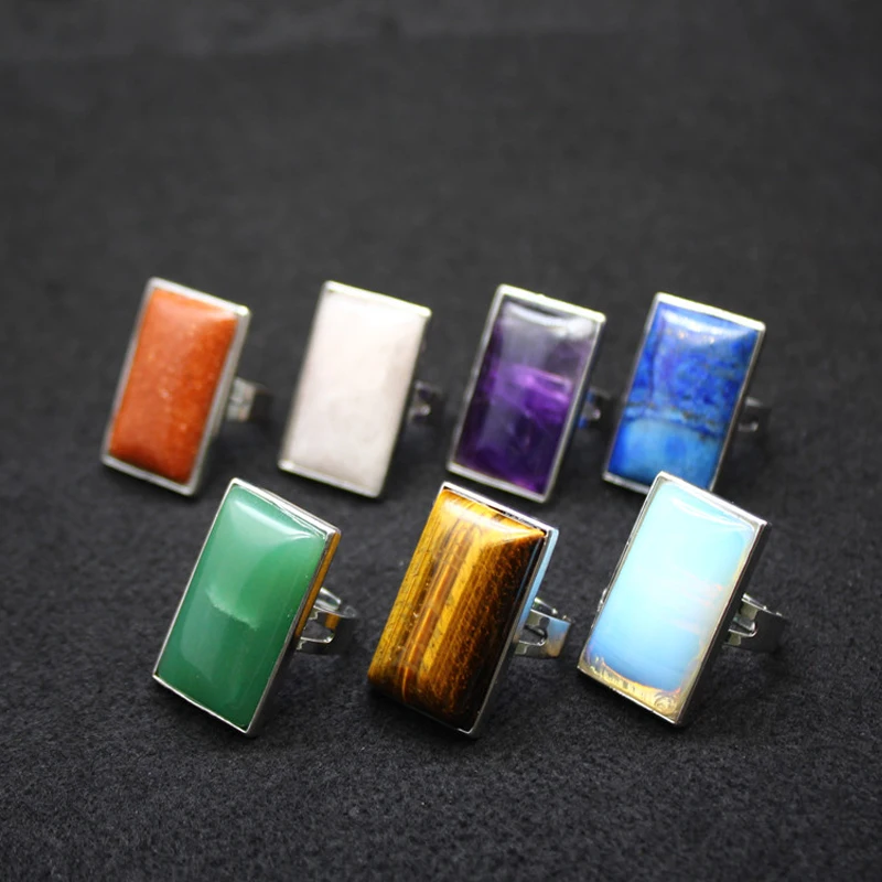 

Natural Stone Ring Rectangle Adjustable Opal Pink Quartz Purple Rose Crystal Finger Rings for Women Party