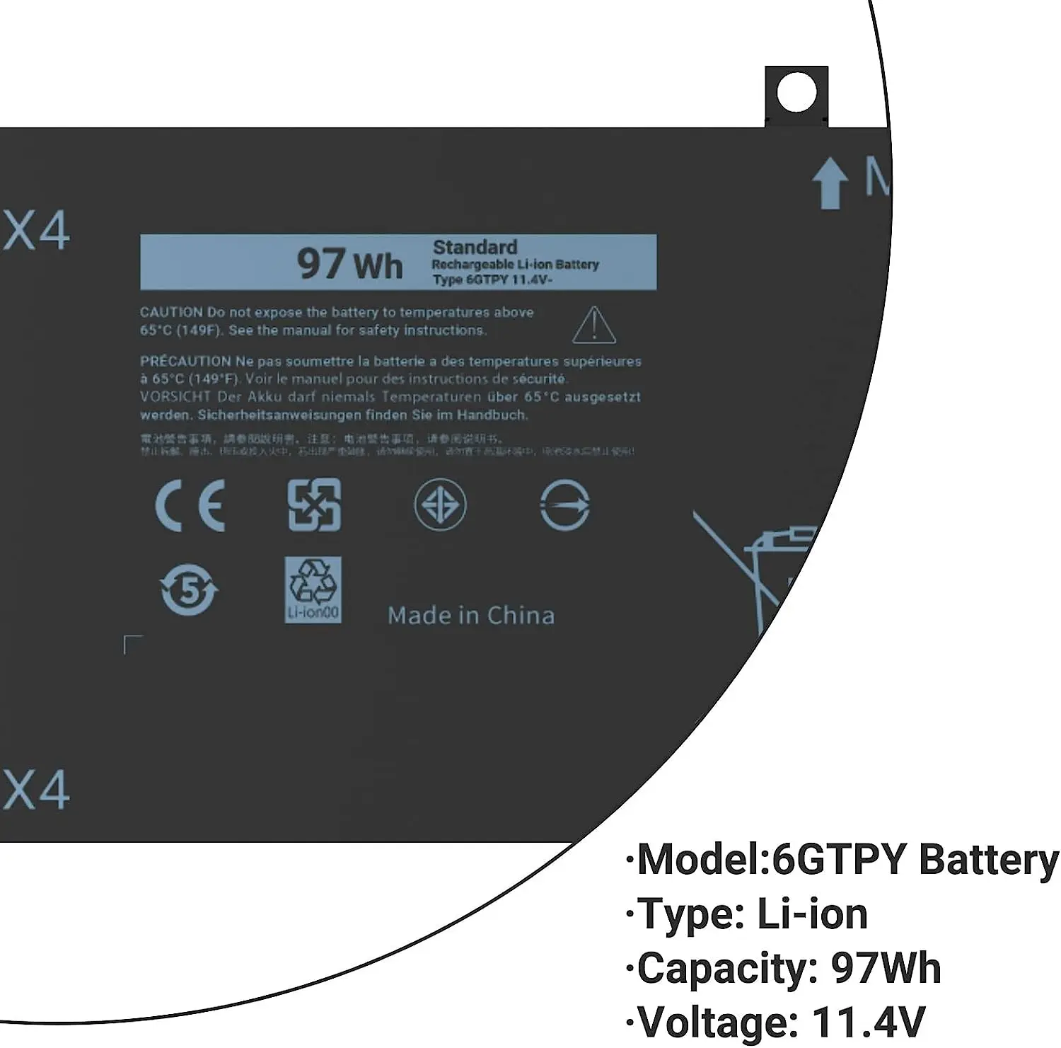 Batterie 11,4V 97Wh 6GTPY Pour Dell XPS 15 - Remplacement Haut De Gamme - Compatible Multiple Modèles