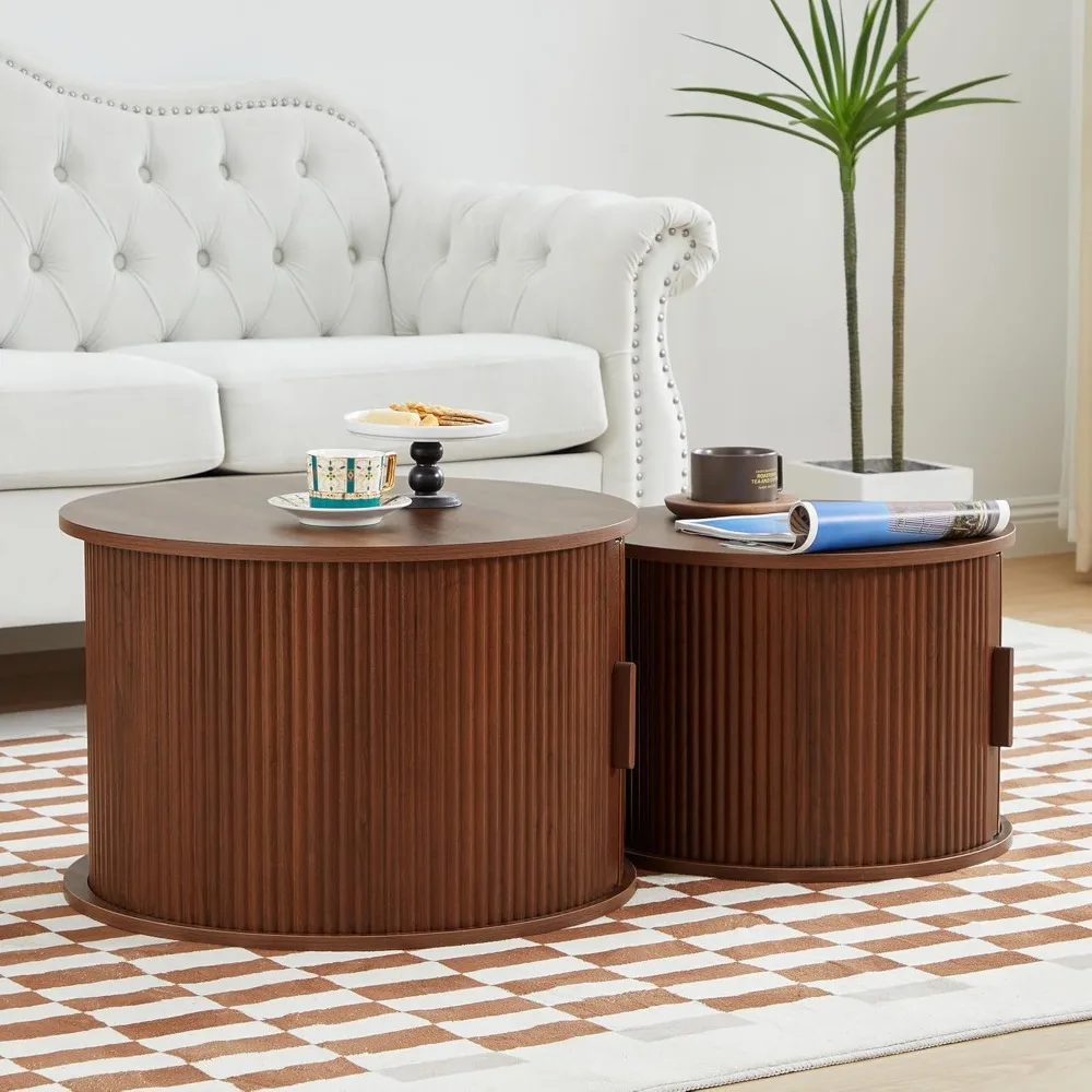 Modern Round Coffee Table Set of 2 with Storage Compartment and Sliding Door, Side End Accent Table for Living Room, Bedroom 3