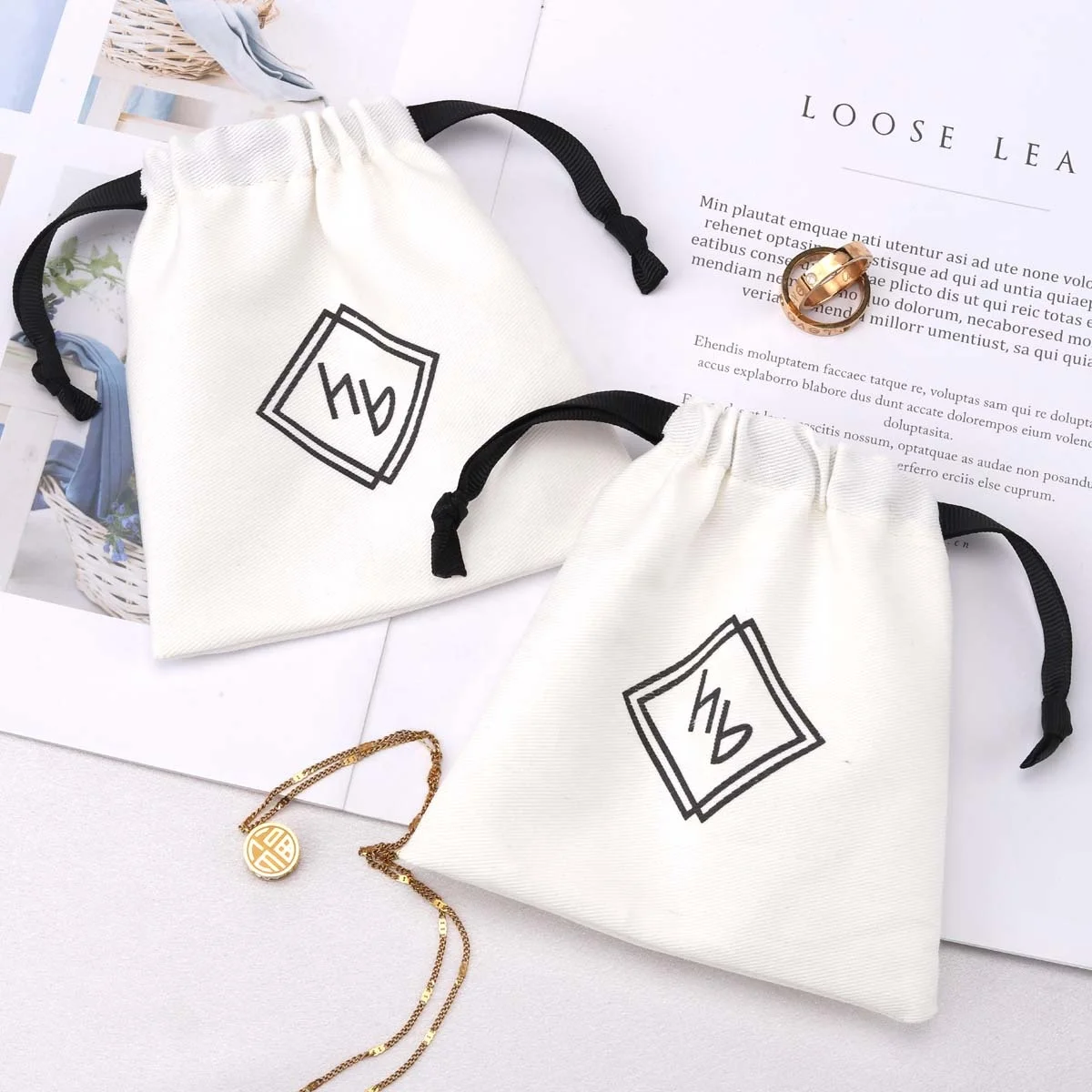 50pcs Custom Logo Printing White Cotton Twill Skincare Product Packing Bag High Quality Reusable Gift Jewelry Dust Cotton Pouch