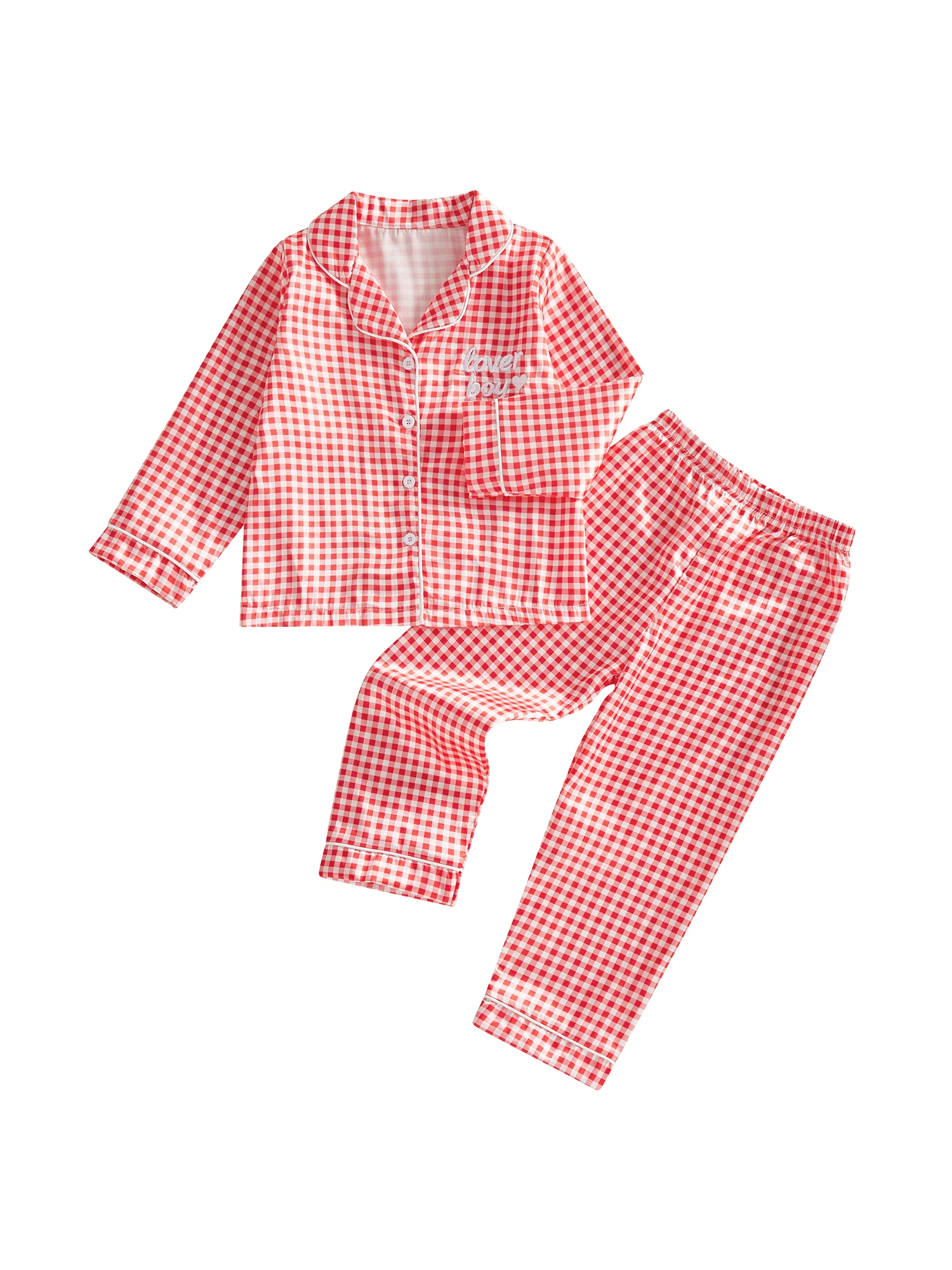 Stylish Toddler Boys Valentine s Day Pajama Sets Featuring Plaid Lapel V-Neck Long Sleeve Tops and Pants for a Trendy