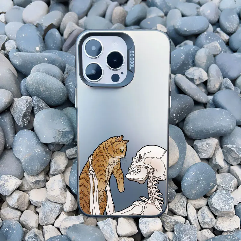 Luxuriöse, lustige und niedliche Skelett- und Katzen-Handyhülle für iPhone 17 16 15 Plus Pro Max 11 13 12 14 Pro Max Mini – Stoßfeste Laser-Cover – Detail 2