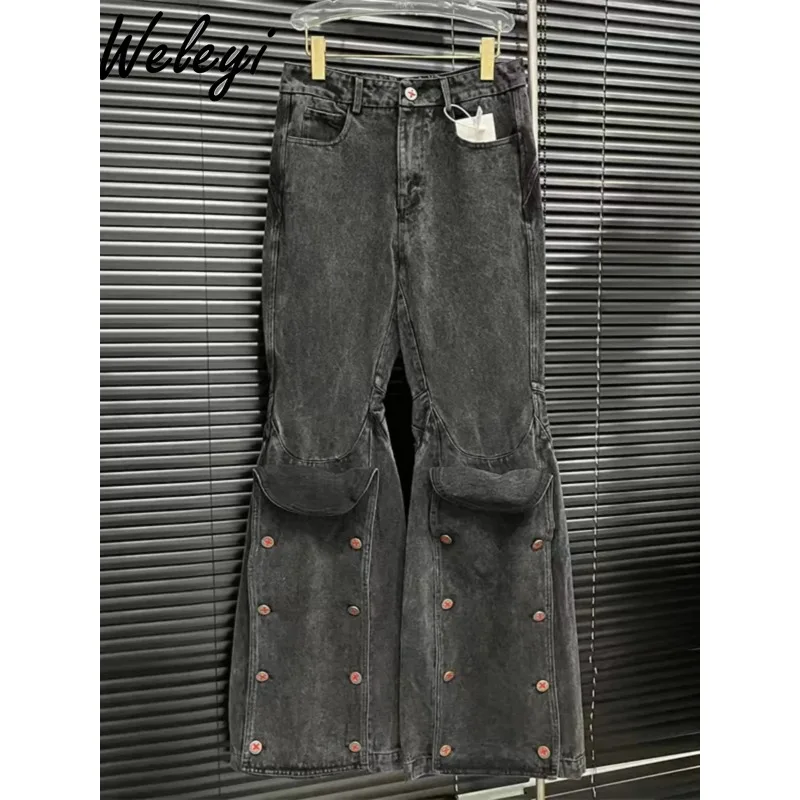 

Y2k Versatile Jeans Woman Clothes 2024 All Season New Niche Detachable Snap Straight Stitching Wide Leg Fashion Floor Slam Pants