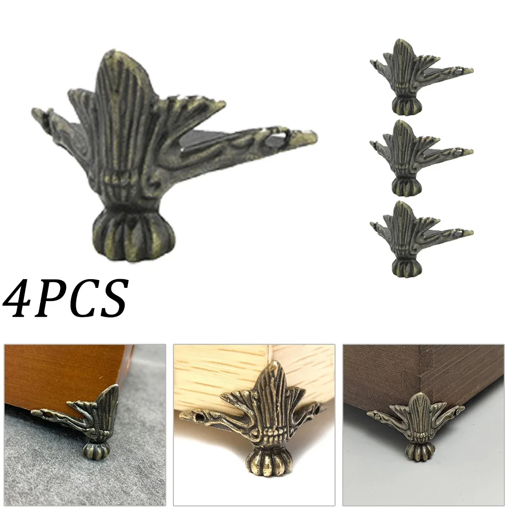 Description Picture 3 of item4Pcs/Set Antique Wood Box Feet Leg Corner Protector Triangle Rattan Carved Decorative Bracket For Furniture Hardware