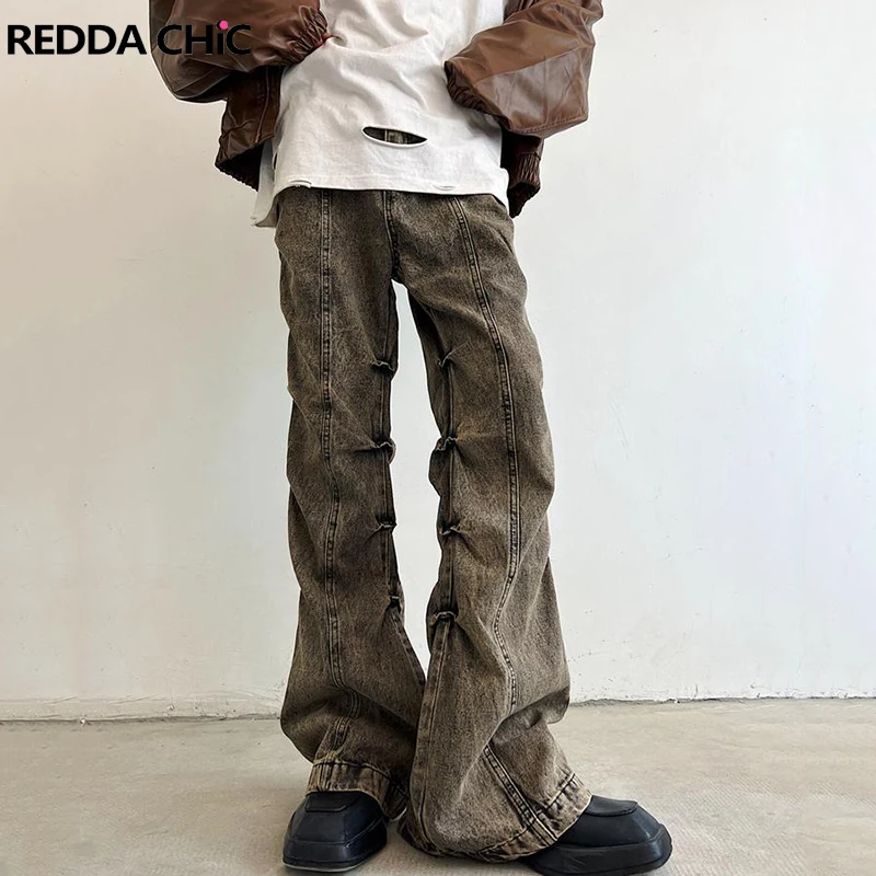 

REDDACHIC Men Distressed Ruched Bootcut Pants Brown 90s Retro Wide Leg Flare Jeans Low Waist Bell Bottoms Cyberpunk Y2k Trousers