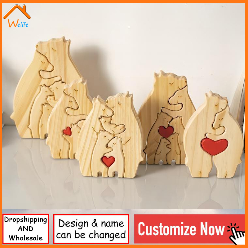 âAnimal Bear Family Ornaments DIY Wood Carving Free Engraving Custom Name Figurines Home Wooden Puzzle Mother's Birthday Gift