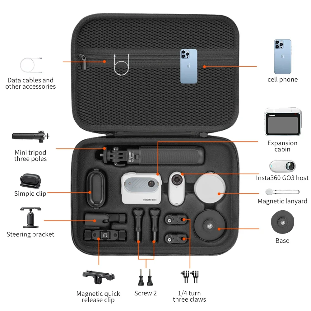 Insta360 GO 3S/GO 3 액션 카메라용 XFJI 휴대용 케이스, 여행용 핸드백, 보호 박스, 카메라 액세서리 가방