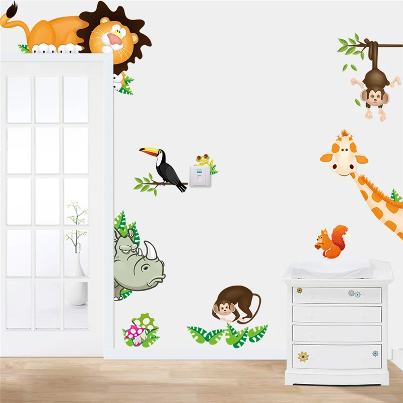 

3d View Animals Wall Stickers Door Decoration Cartoon Lion Dinosaur Safari Mural Art For Kids Room Home Decor Diy Pvc Wall Decal