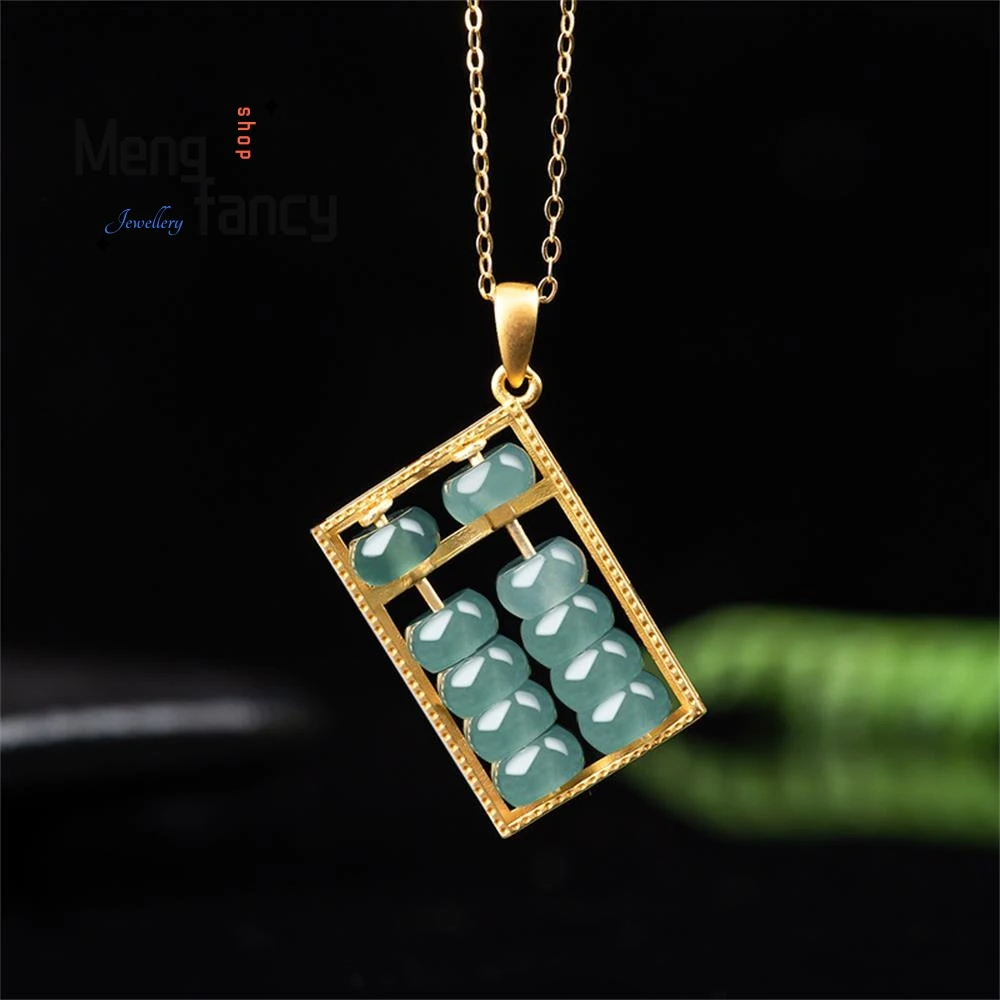 

Natural A-goods Jadeite Blue Water Fortune Abacus Pendant S925 Silver Inlay Exquisite Luxury Fashion Couple Jewelry Holiday Gift