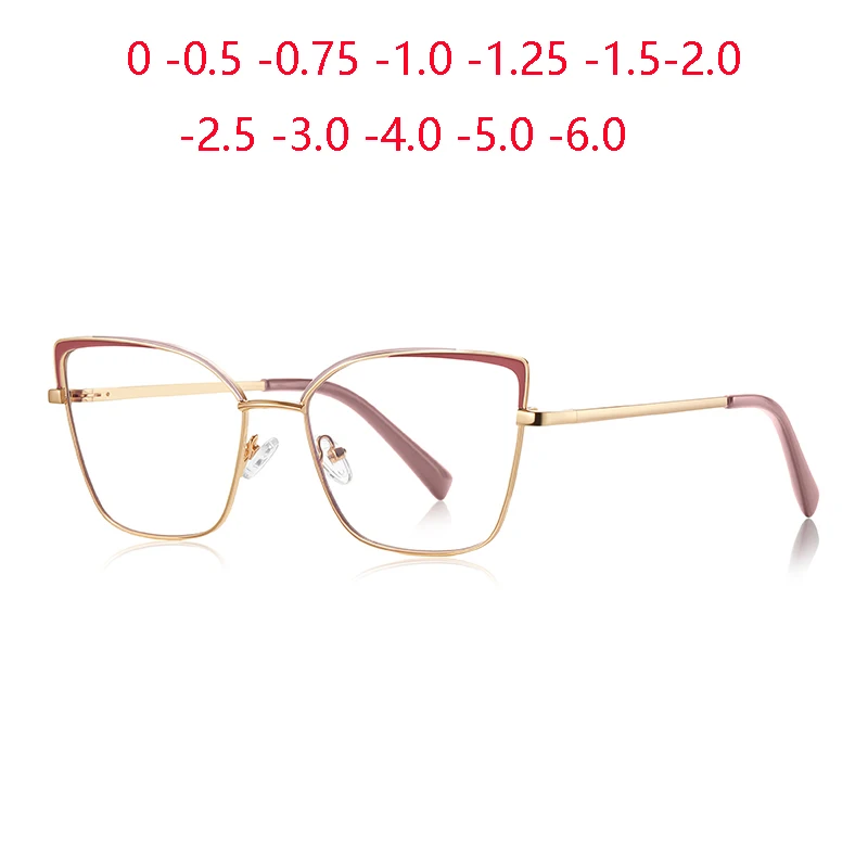 0 0.5 0.75 To 6.0 Pink Gold Frame Cat Eye Minus Myopia Glasses Women 1.56 Aspheric Anti Blue Light Prescription Spectacles