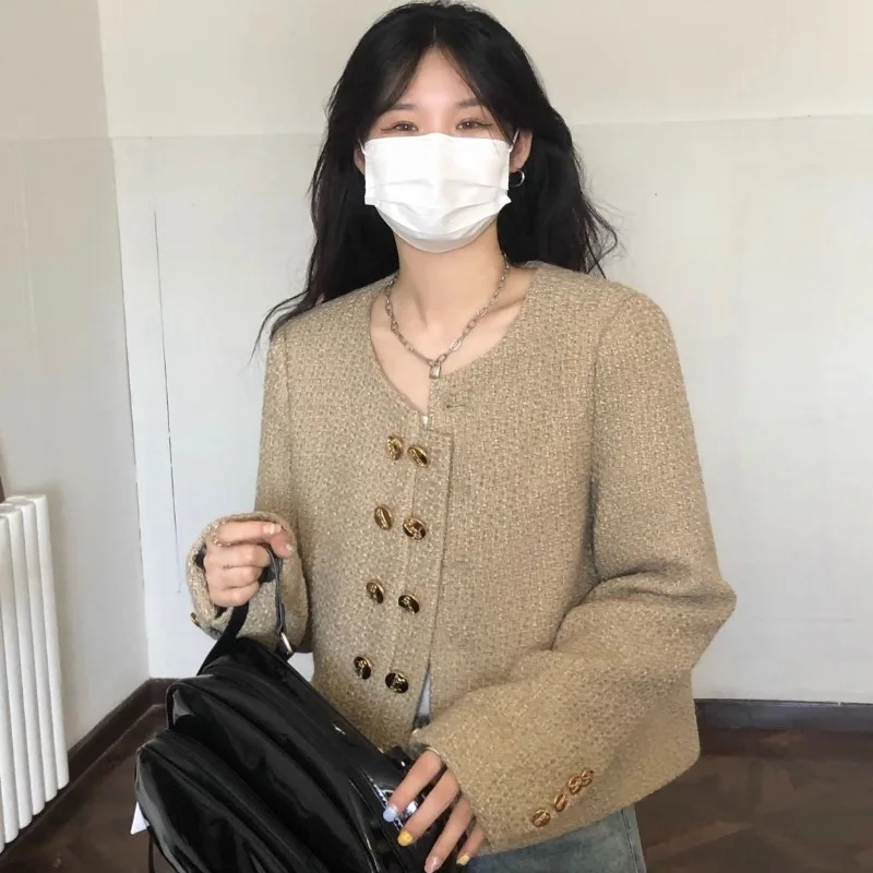 2024 Spring Autumn New Retro Small Fragrant Wind Jacket Elegant Temperament Women's Round Neck Overcoat Loose Cardigan Short Top