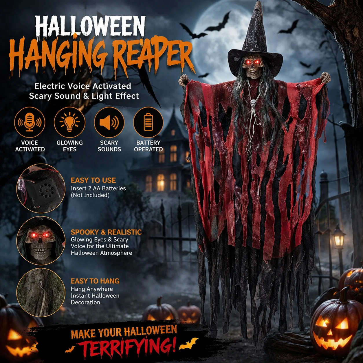 Sound Activated Hanging Ghost Prop with LED Lights - Animated Halloween Decor