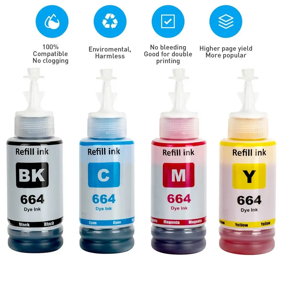 664 T664 T6641-4 Premium Compatible Bottle Refill Tintas Ink for Epson L380 L220 L130 L3060 L3110 L120 L565 L555 ET-2500 Printer