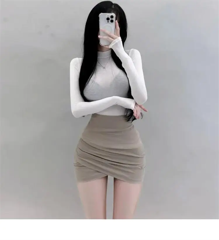 Koreanische Herbst Winter Neue Schlank Crop Top Sexy Frauen T-Shirt Durchsichtig Dünne Tops Langarm Sheer Damen Rollkragen T-Shirt – Detail 25