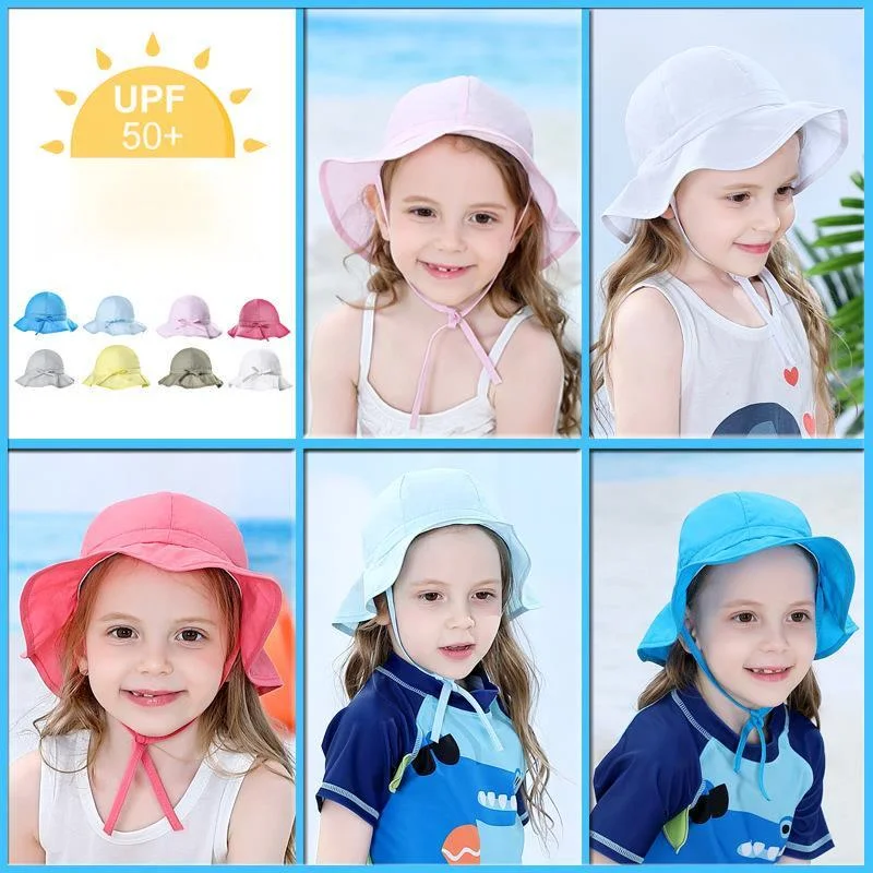 

Summer 1-7 Years Baby Kids Girls Boys Solid color cute Sun Cap Hat Soft Cotton Fold Beach Sunscreen Fisherman Hat UPF 50+
