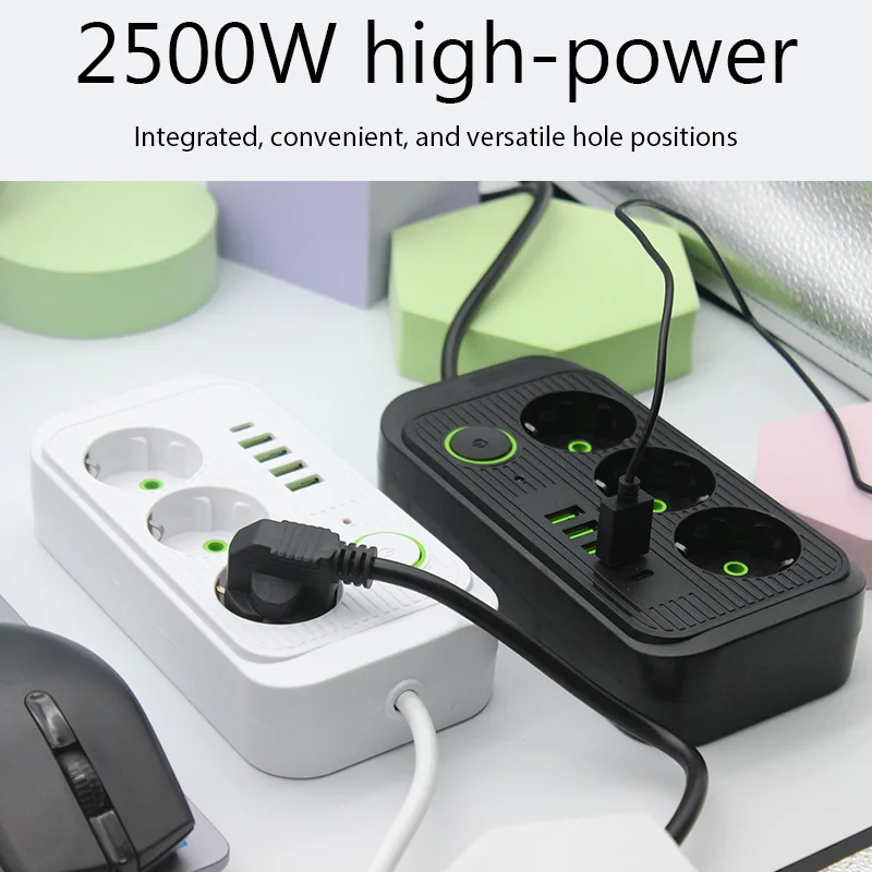 Power strip extension cable 2M 3AC outlets 4USB 1Type C EU plug