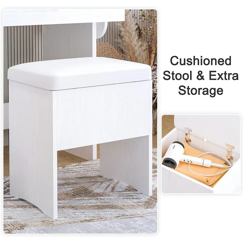 IRONCK Vanity Desk with LED Lighted Mirror & Power Outlet, Makeup Table with Drawers & Cabinet,Storage Stool,for Bedroom, White 6 IRONCK Vanity Desk with LED Lighted Mirror & Power Outlet, Makeup Table with Drawers & Cabinet,Storage Stool,for Bedroom, White 6